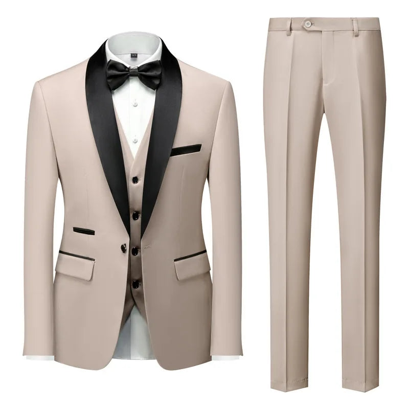 New Men's Breathable Business Formal Three-Piece Suit Set Blazer Vest Pant for Spring Wedding Hosting