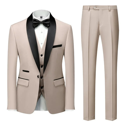 New Men's Breathable Business Formal Three-Piece Suit Set Blazer Vest Pant for Spring Wedding Hosting
