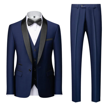 New Men's Breathable Business Formal Three-Piece Suit Set Blazer Vest Pant for Spring Wedding Hosting