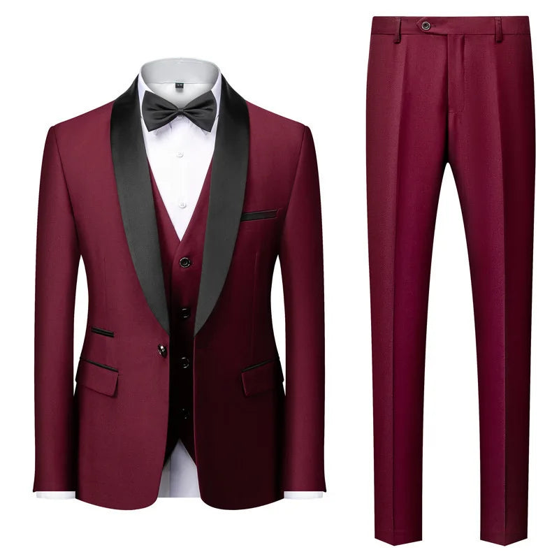 New Men's Breathable Business Formal Three-Piece Suit Set Blazer Vest Pant for Spring Wedding Hosting