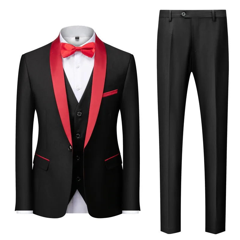 New Men's Breathable Business Formal Three-Piece Suit Set Blazer Vest Pant for Spring Wedding Hosting