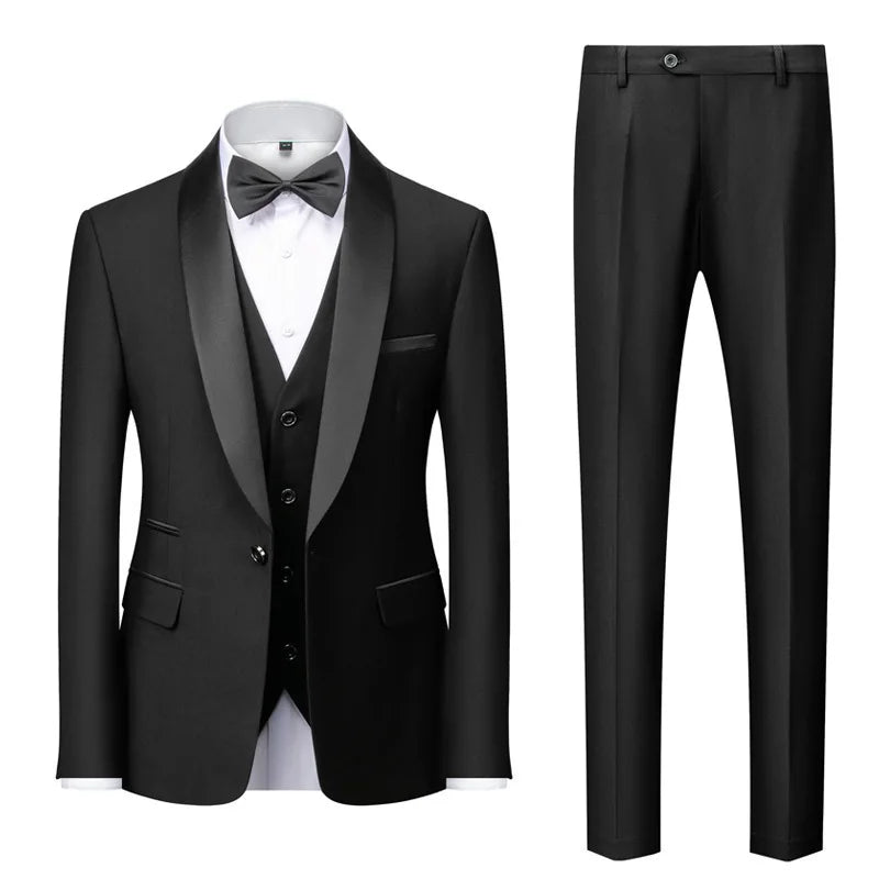 New Men's Breathable Business Formal Three-Piece Suit Set Blazer Vest Pant for Spring Wedding Hosting