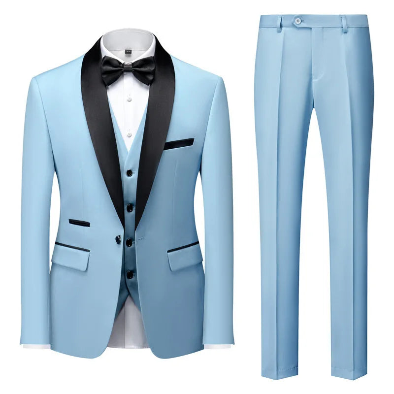 New Men's Breathable Business Formal Three-Piece Suit Set Blazer Vest Pant for Spring Wedding Hosting