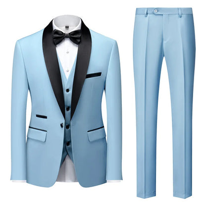New Men's Breathable Business Formal Three-Piece Suit Set Blazer Vest Pant for Spring Wedding Hosting