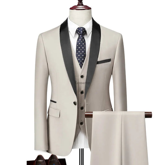Men Business Casual Wedding Party Three Pieces  Trousers Waistcoat Set Male  Coat Pants Vest Fashion Slim Fit  Mens Male Suit