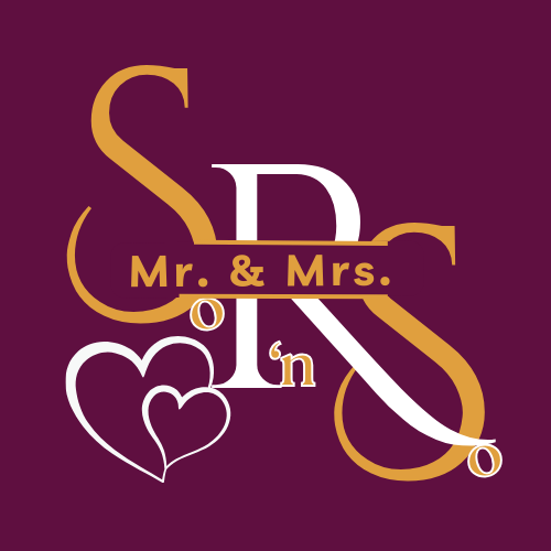 Decorative design with initials 'S' and 'R' and 'Mr. & Mrs.' text on a purple background