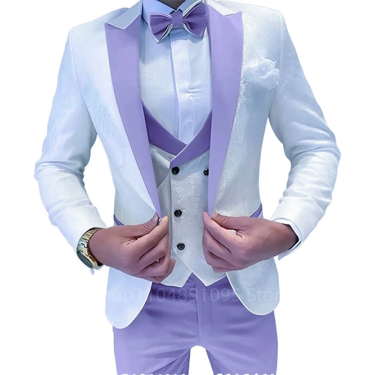 Fashion Jacquard Men's Formal Groom Suits 3 Pieces Men Suits Peak Lapel Single Breasted Blazer Vest Pants for Business/Wedding