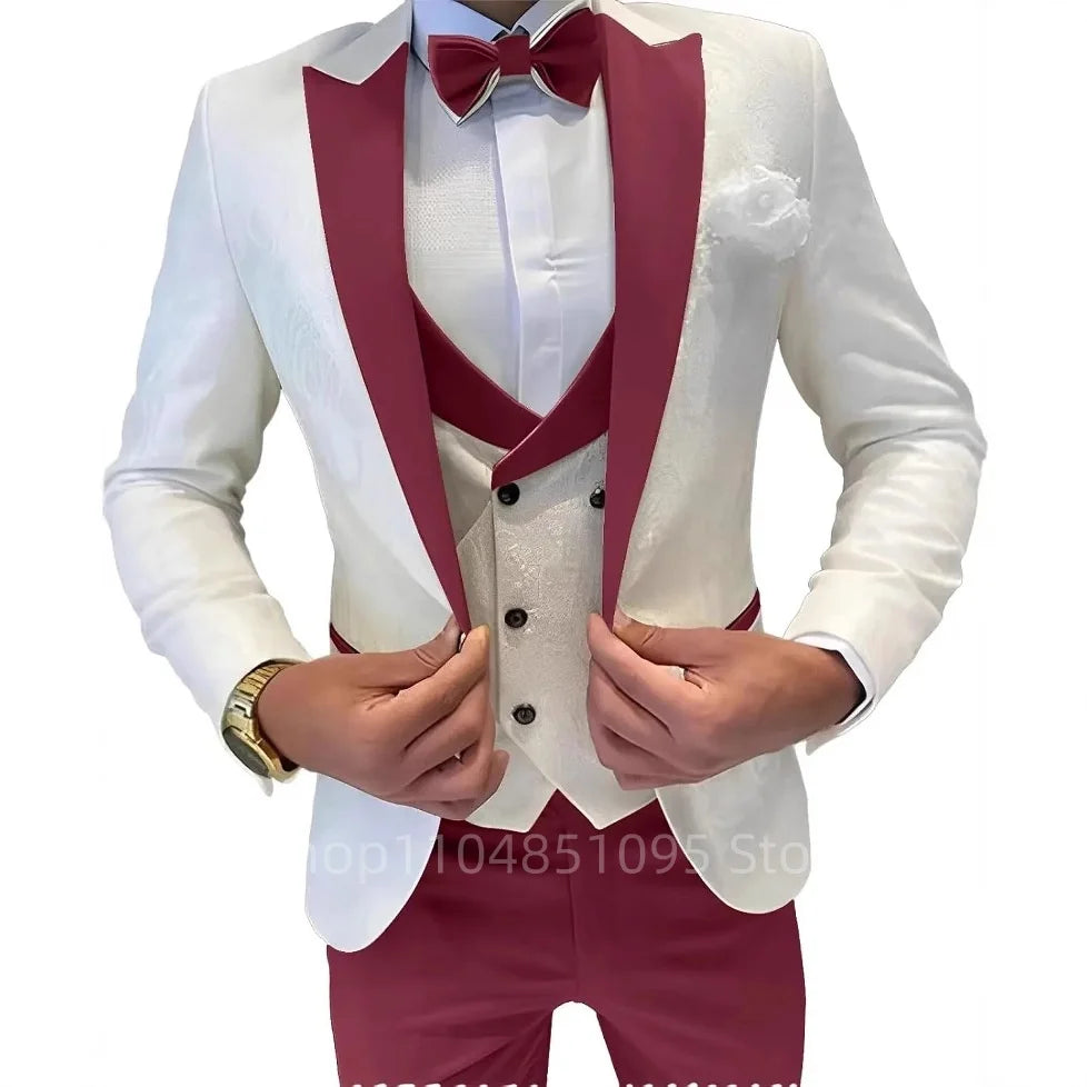 Fashion Jacquard Men's Formal Groom Suits 3 Pieces Men Suits Peak Lapel Single Breasted Blazer Vest Pants for Business/Wedding