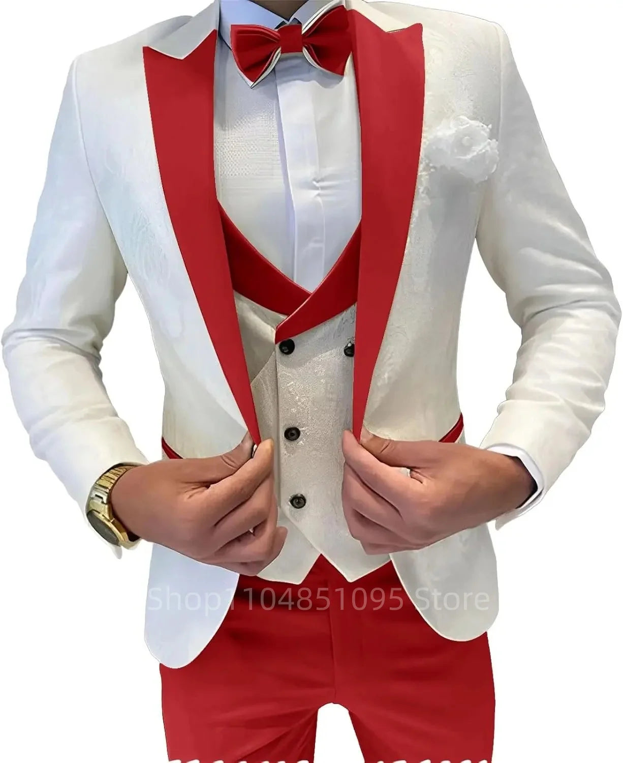 Fashion Jacquard Men's Formal Groom Suits 3 Pieces Men Suits Peak Lapel Single Breasted Blazer Vest Pants for Business/Wedding