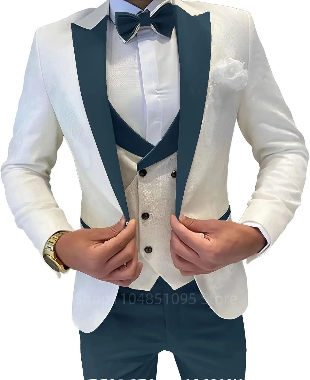 Fashion Jacquard Men's Formal Groom Suits 3 Pieces Men Suits Peak Lapel Single Breasted Blazer Vest Pants for Business/Wedding