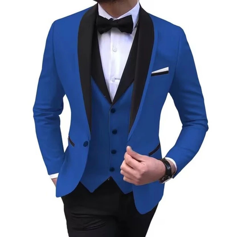 Formal Men Suits for Wedding Party Business Black Button Slim Fit 3PCS (Blazer+Vest+Pants)