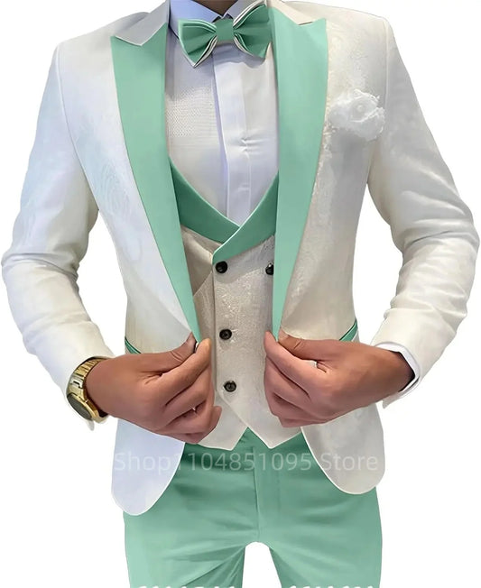 Fashion Jacquard Men's Formal Groom Suits 3 Pieces Men Suits Peak Lapel Single Breasted Blazer Vest Pants for Business/Wedding