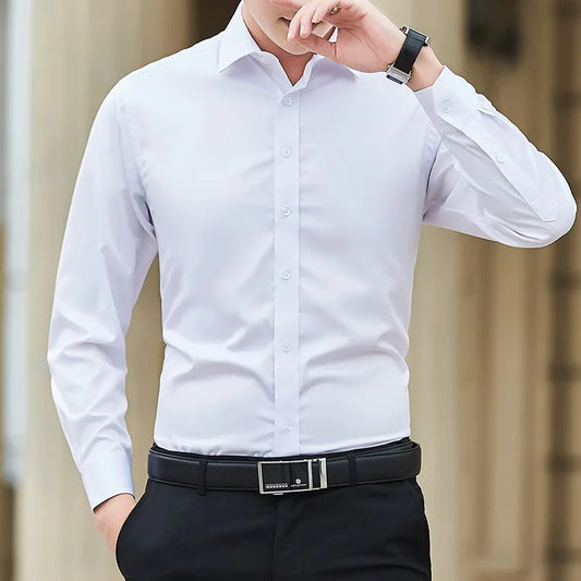 Men Solid Color Business Shirt Fashion Classic Basic Casual Slim Long Sleeve Shirt Brand Clothes