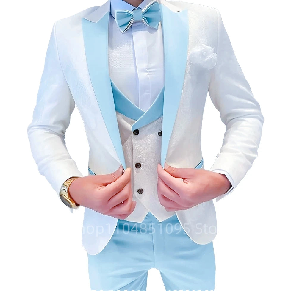 Fashion Jacquard Men's Formal Groom Suits 3 Pieces Men Suits Peak Lapel Single Breasted Blazer Vest Pants for Business/Wedding